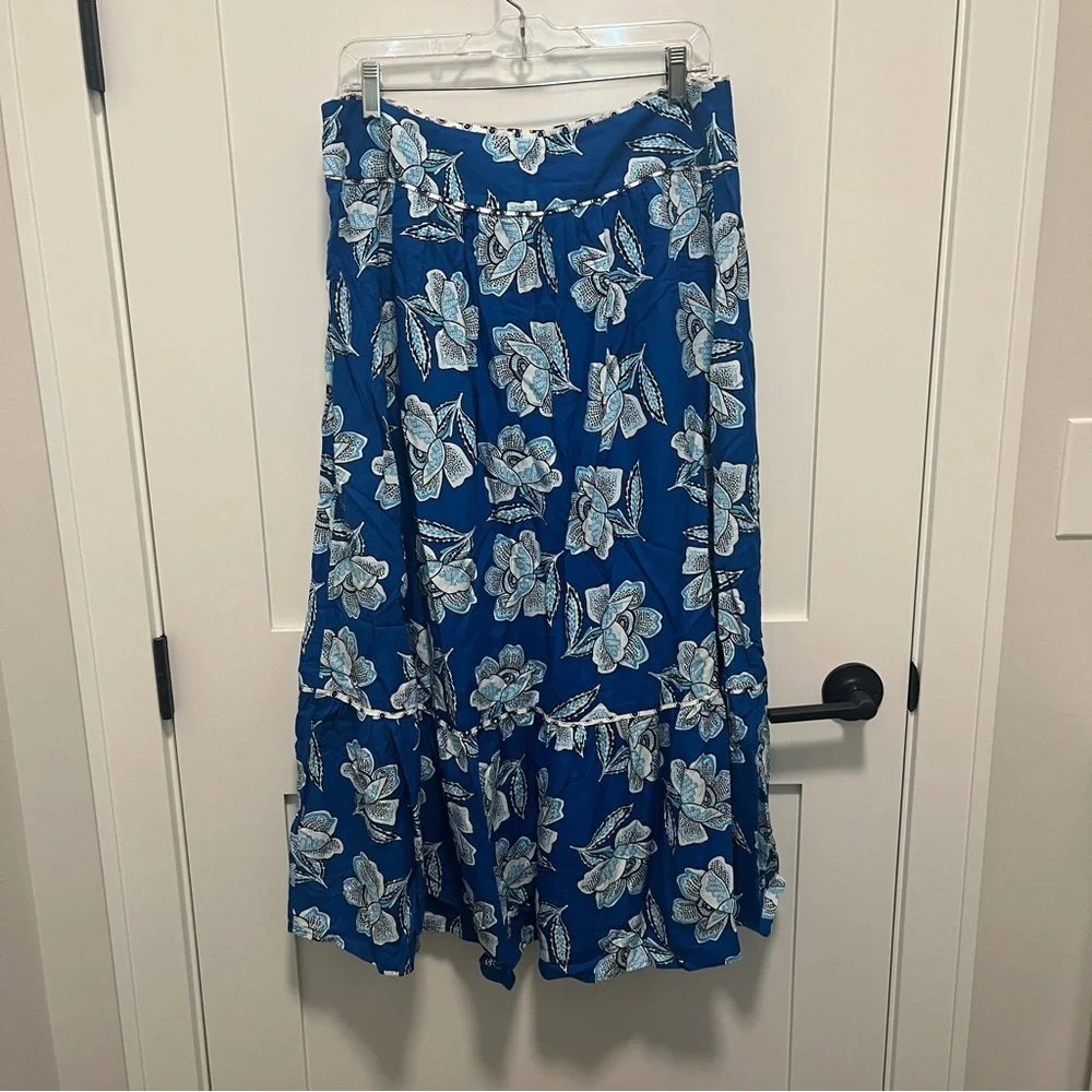 $118 NWT Anthropologie 14 Maeve Alyssa Midi Skirt Blue Floral Boho Resort Linen